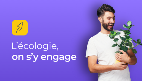 Homme tenant une plante dans ses bras et le texte L'écologie on s'y engage