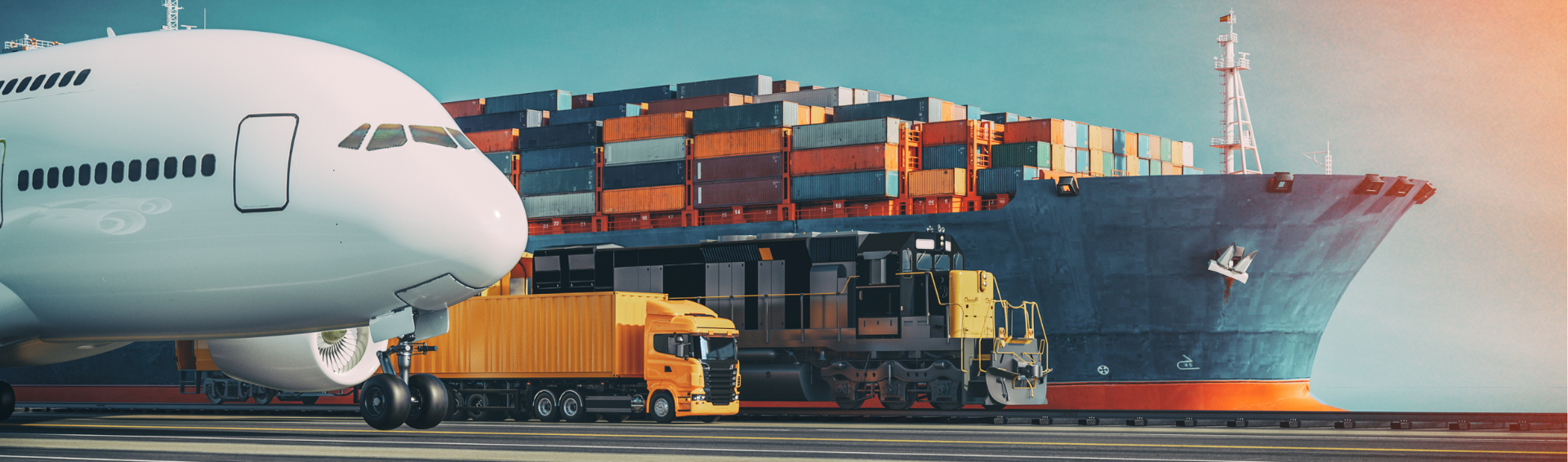 Représentation du transport avec un avion, un camion et un bateau