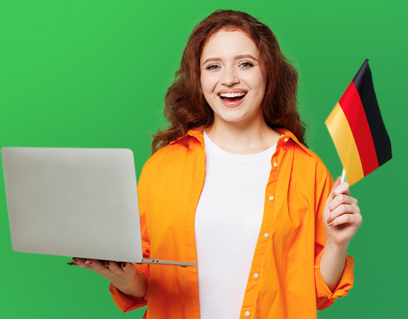 Femme avec ordinateur et drapeau allemand.