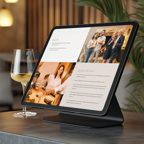 Site web Domaine Wach sur une tablette disposée sur un comptoir près d'un verre de vin Wach